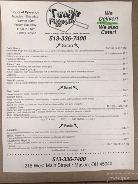 Online Menu of Tonys Pizzeria, Mason, OH